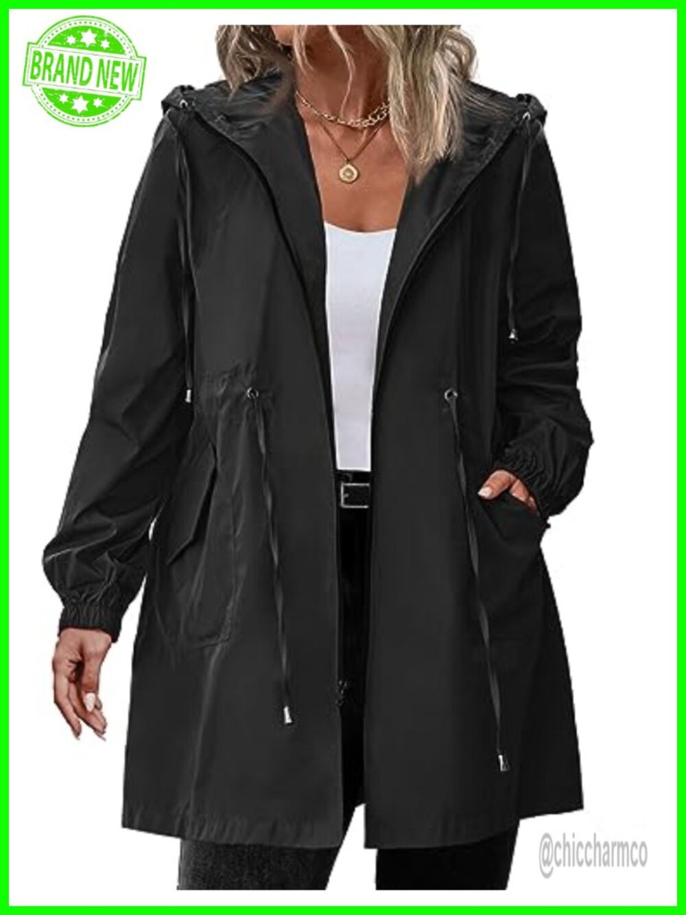 Women's Plus Size Long Waterproof Raincoat Hooded Drawstring Waist Lightweight